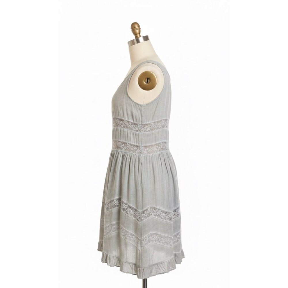 NWT Gray Tiered Ruffle Hem Voile & Lace Acid Wash Mini Slip Dress | Boho Indie S - Picture 4 of 8